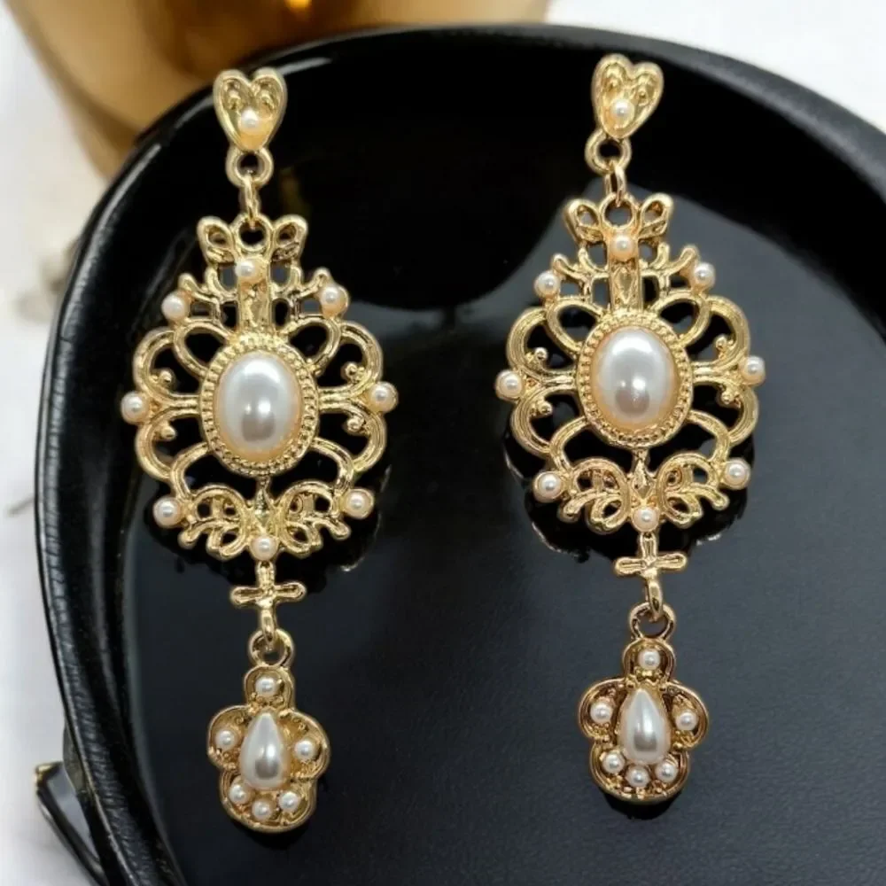 Gold Filigree Pearl Drop Earrings Bridal Wedding Dangle Earrings Vintage Glamour
